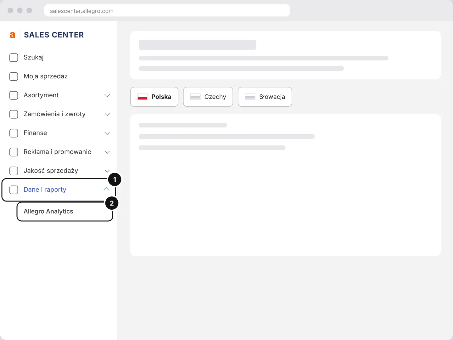 Ilustracja: menu Sales Center: Dane i raporty, Allegro Analytics