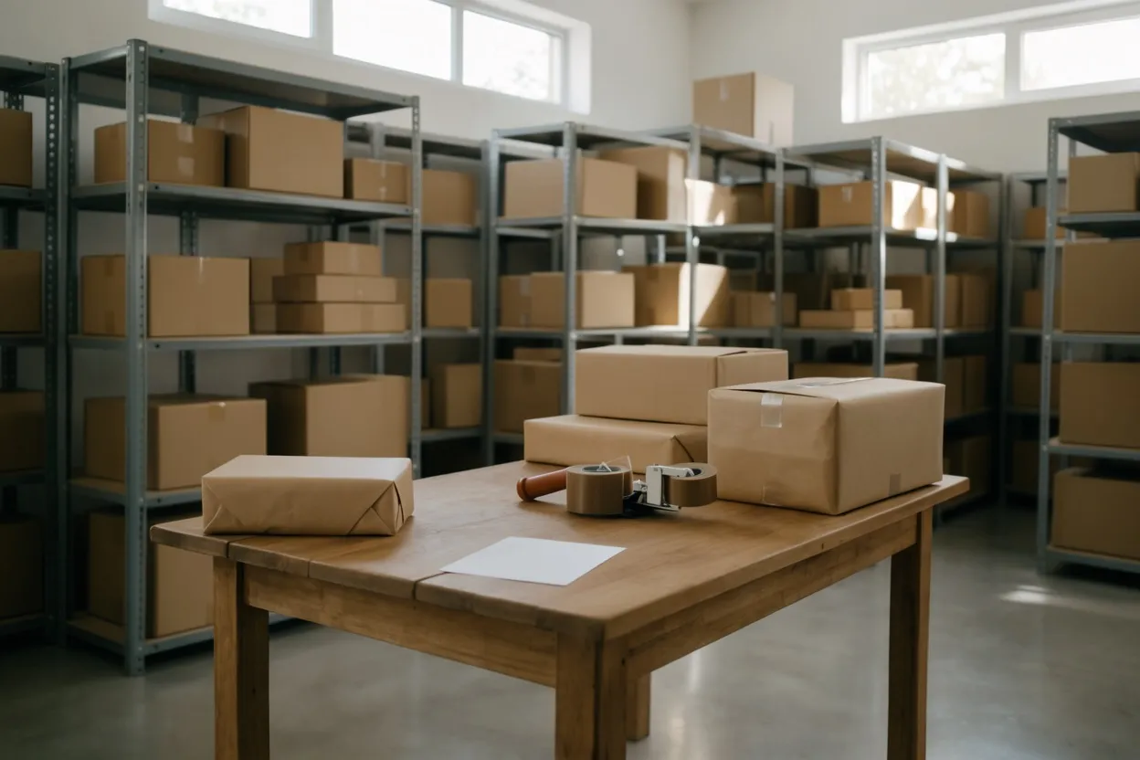 Warehouse in Poland with racks and a packing table